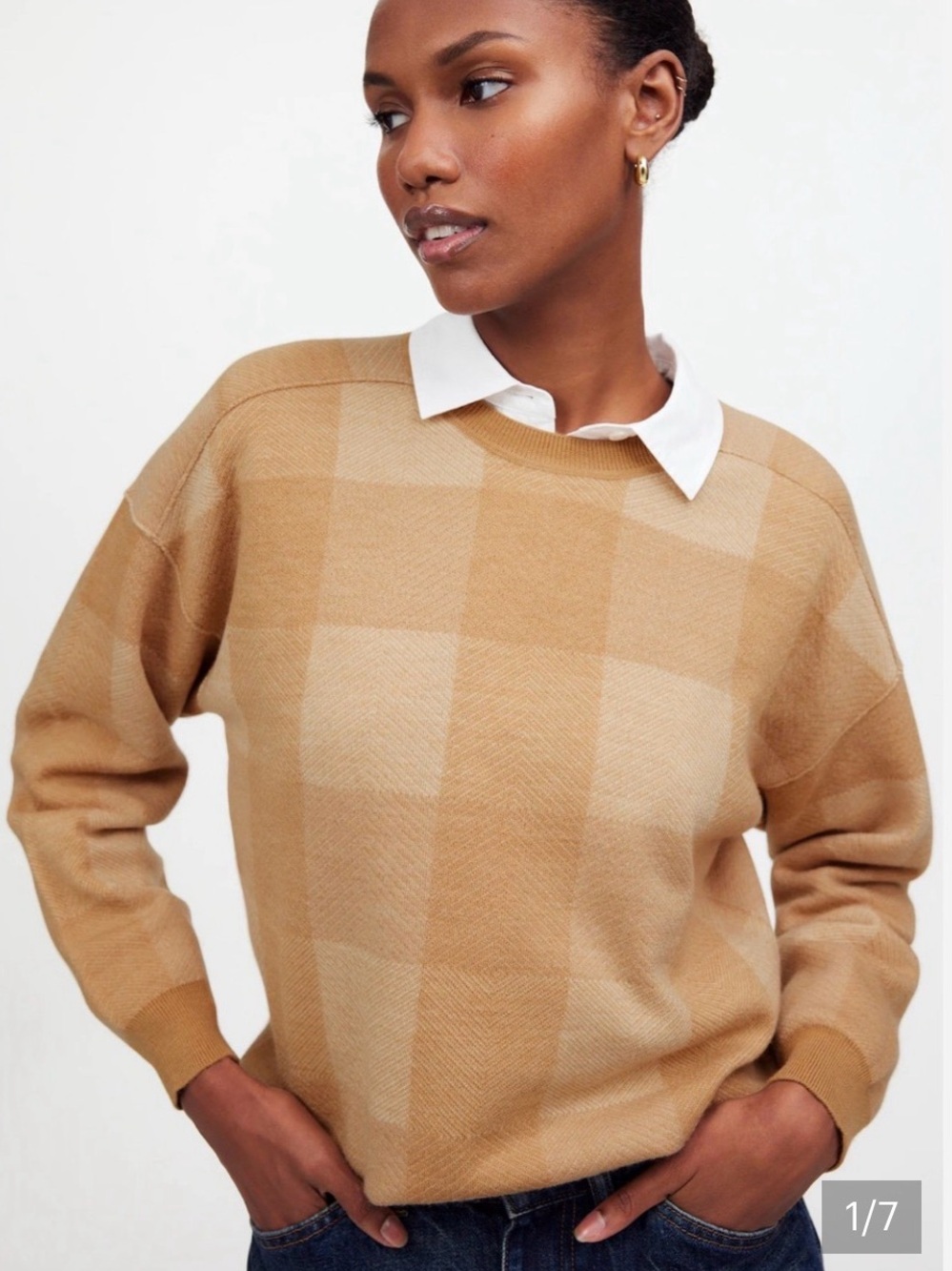 Merino Wool Tan Checkered Madewell Crewneck Sweater